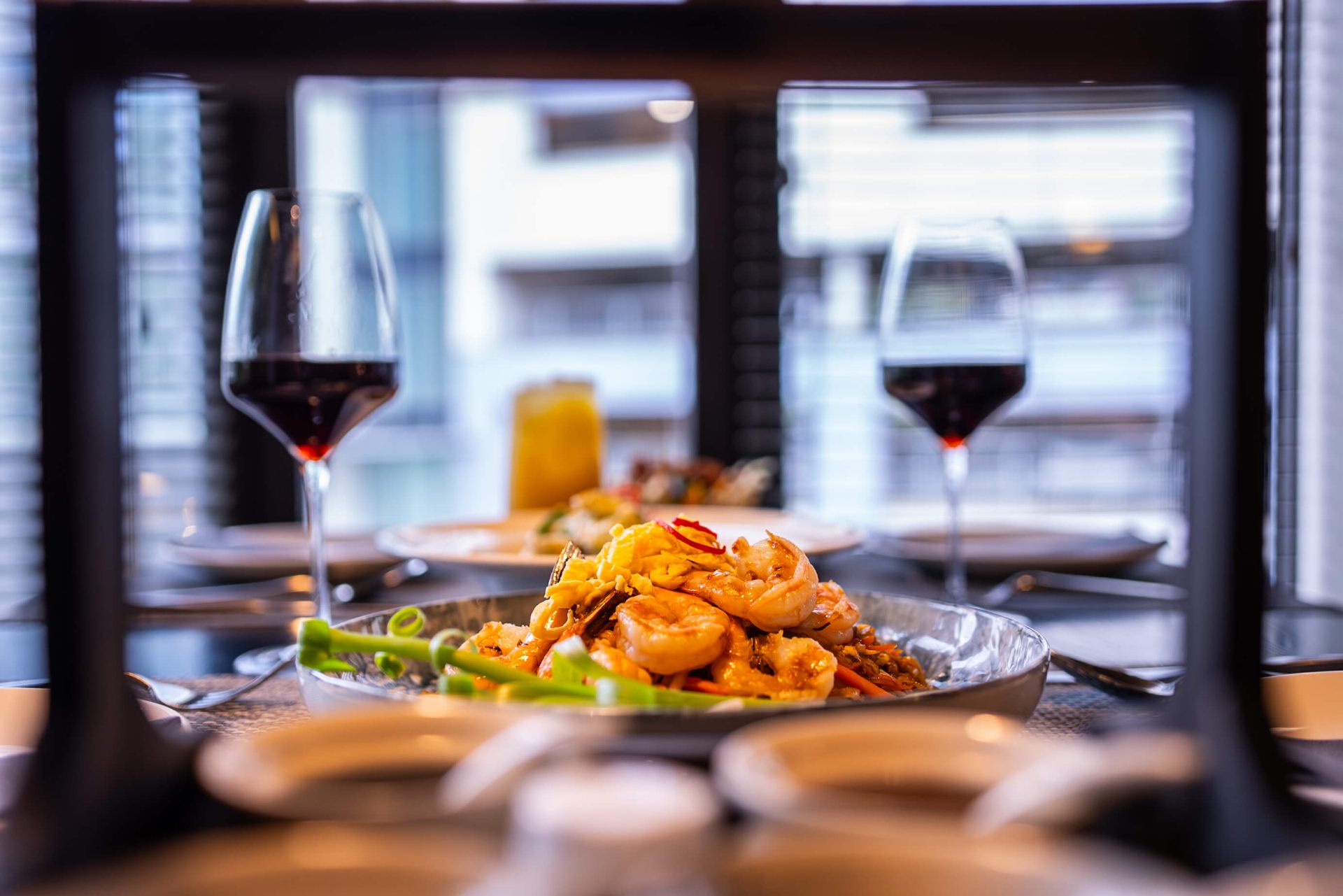 Plated shrimp dish, restaurant food photography