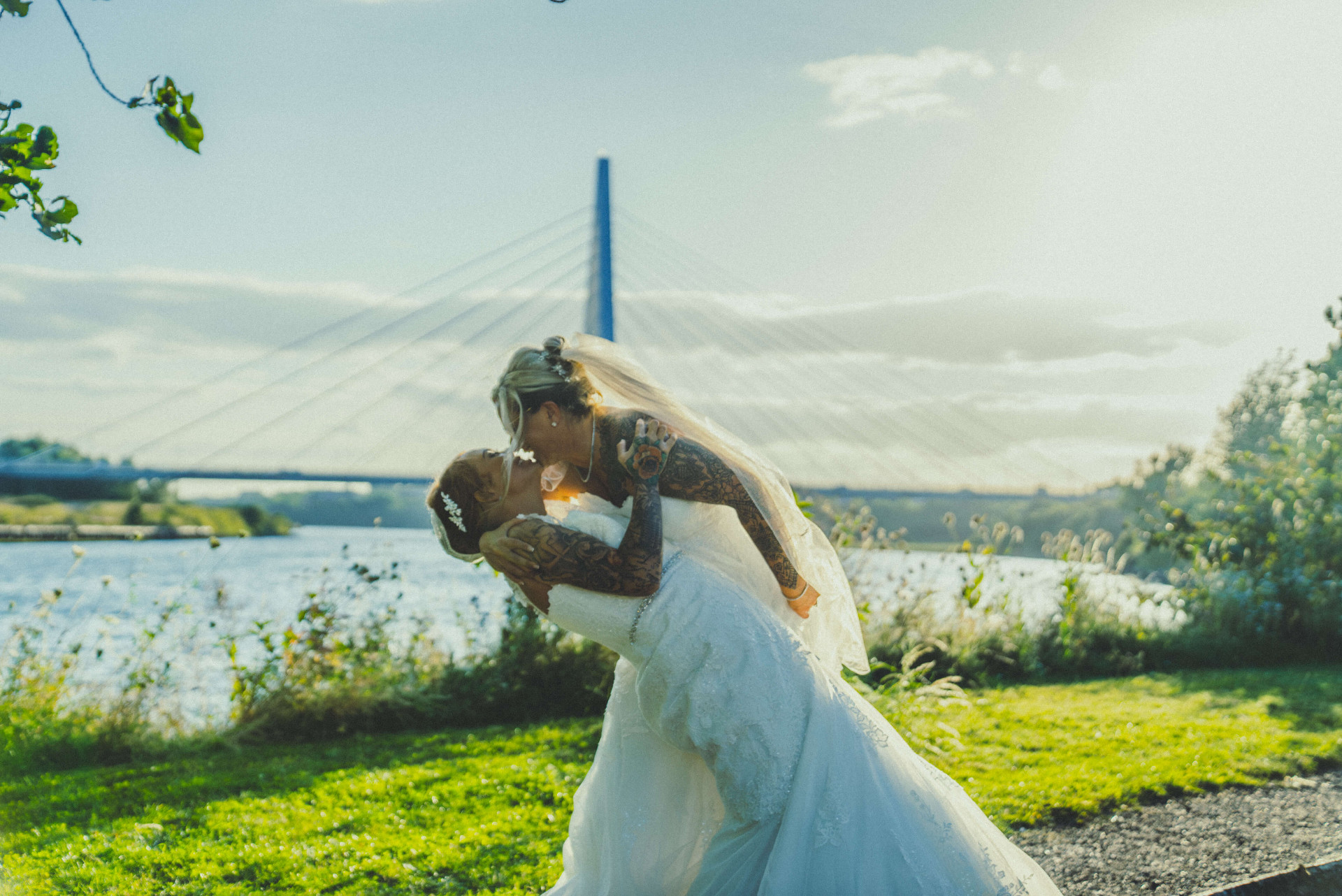 Newlyweds sharing their first kiss as a married couple